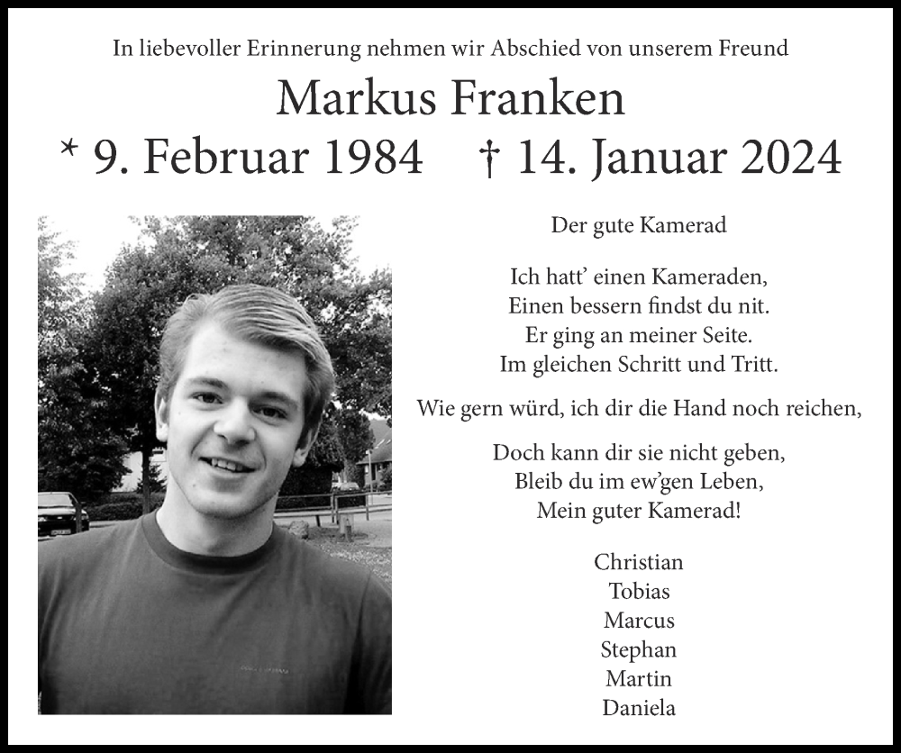  Traueranzeige für Markus Franken vom 28.01.2024 aus Zeitung am Sonntag
