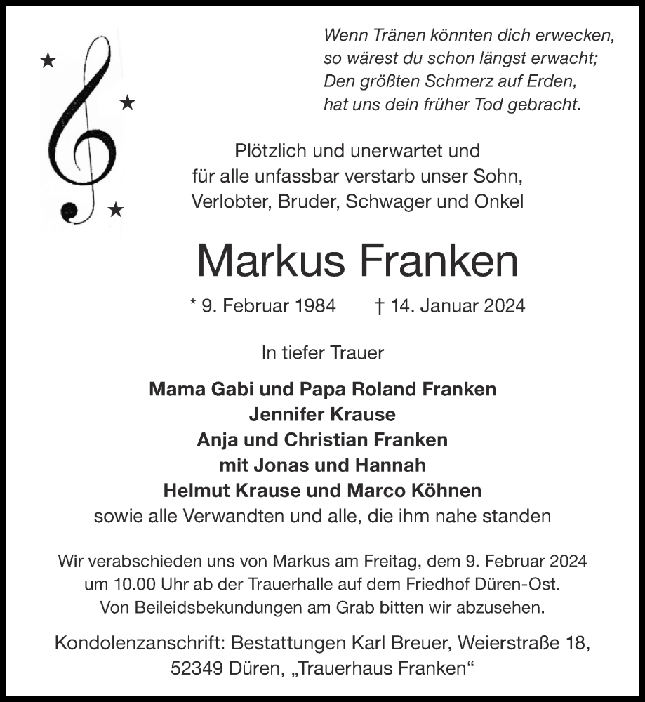  Traueranzeige für Markus Franken vom 28.01.2024 aus Zeitung am Sonntag