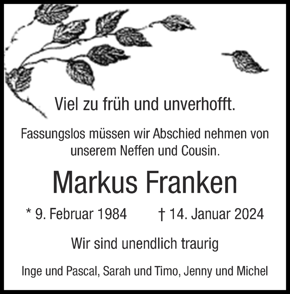  Traueranzeige für Markus Franken vom 28.01.2024 aus Zeitung am Sonntag