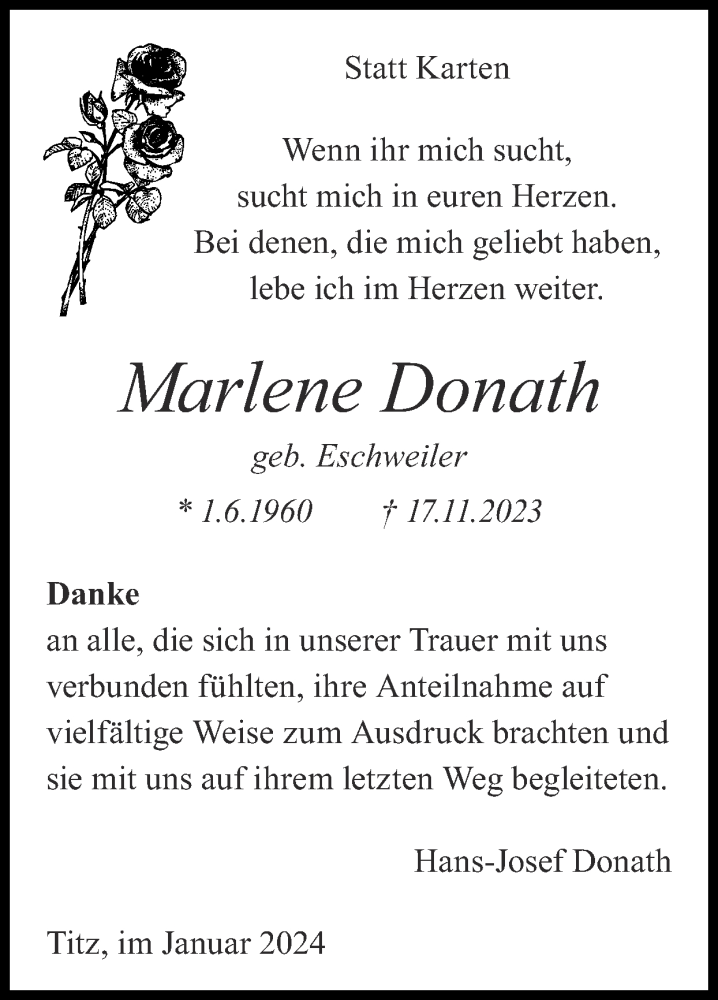  Traueranzeige für Marlene Donath vom 21.01.2024 aus Zeitung am Sonntag