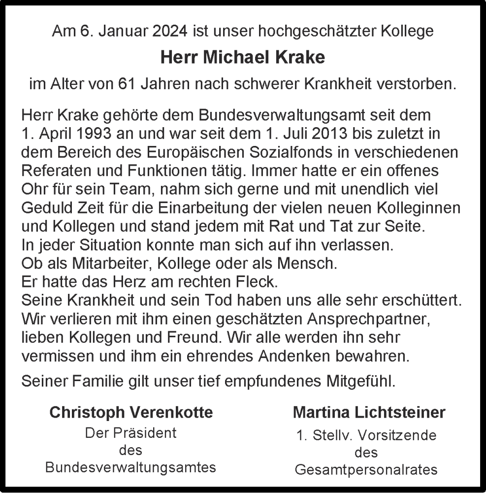  Traueranzeige für Michael Krake vom 21.01.2024 aus Zeitung am Sonntag