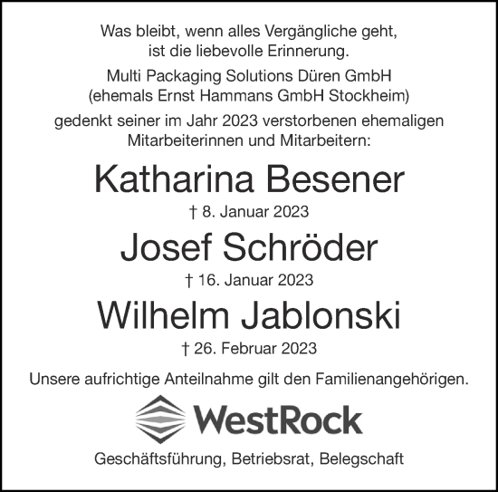 Traueranzeige von Multi Packaging Solutions Düren GmbH gedenkt seiner im Jahr 2023 verstorbenen ehemaligen Mitarbeiterinnen und Mitarbeitern  von Aachener Zeitung