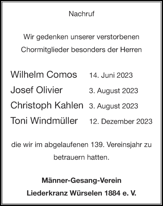 Traueranzeige von Nachruf Männer-Gesang-Verein Liederkranz Würselen 1884 e. V. von Zeitung am Sonntag