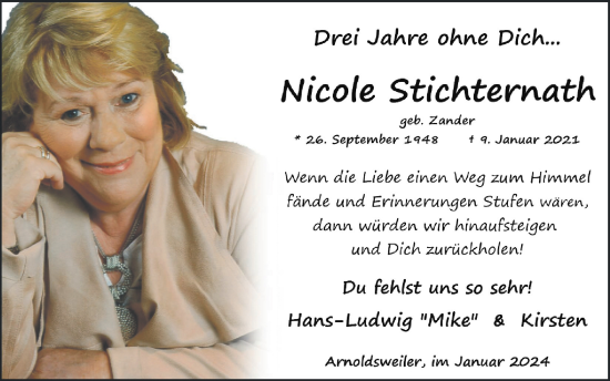 Traueranzeige von Nicole Stichternath von Zeitung am Sonntag