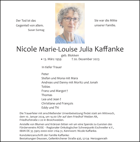 Traueranzeige von Nicole Marie-Louise Julia Kaffanke von Aachener Zeitung