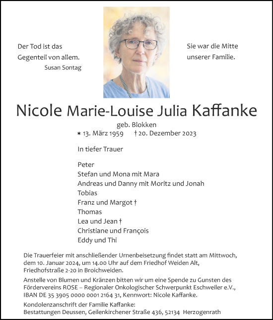 Traueranzeige von Nicole Marie-Louise Julia Kaffanke von Zeitung am Sonntag