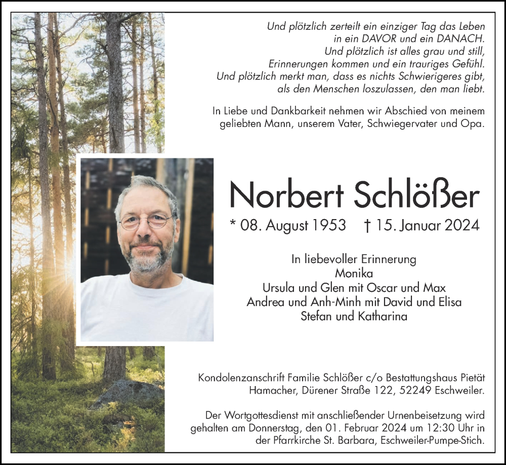  Traueranzeige für Norbert Schlößer vom 28.01.2024 aus Zeitung am Sonntag