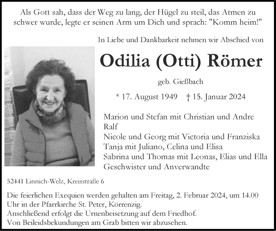 Traueranzeige von Odilia Römer von Zeitung am Sonntag