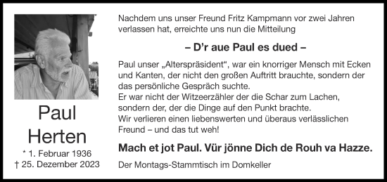 Traueranzeige von Paul Herten von Aachener Zeitung