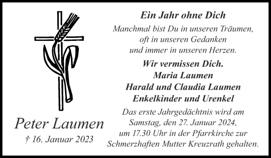 Traueranzeige von Peter Laumen von Zeitung am Sonntag