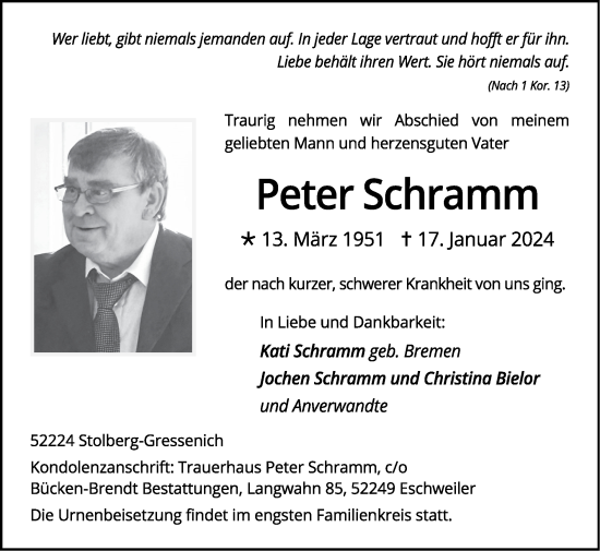 Traueranzeige von Peter Schramm von Zeitung am Sonntag