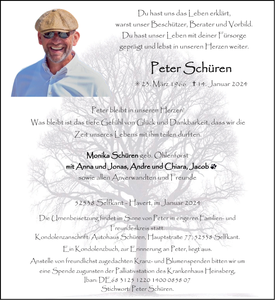  Traueranzeige für Peter Schüren vom 20.01.2024 aus Aachener Zeitung