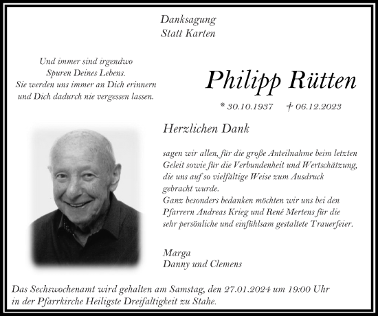 Traueranzeige von Philipp Rütten von Zeitung am Sonntag