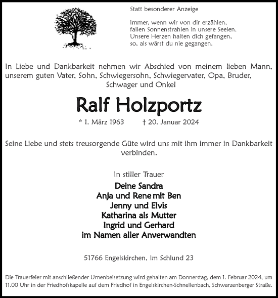Traueranzeige von Ralf Holzportz von Zeitung am Sonntag