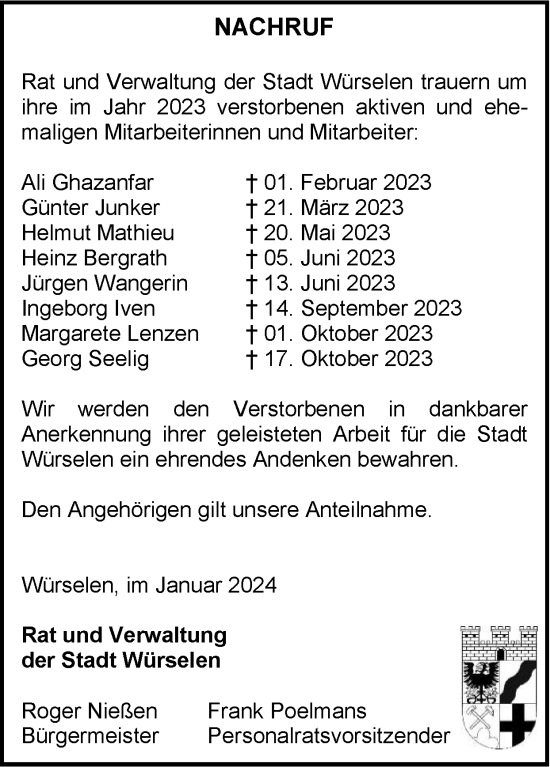 Traueranzeige von Rat und Verwaltung der Stadt Würselen trauern um ihre im Jahr 2023 verstorbenen  von Zeitung am Sonntag