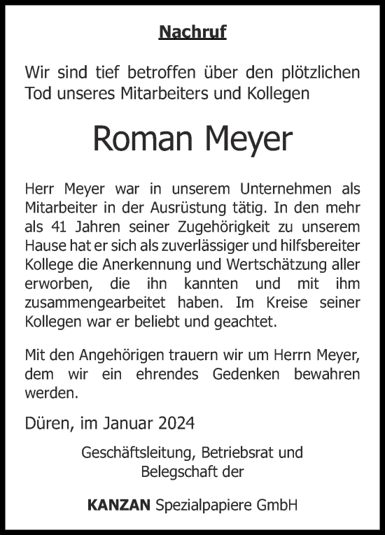Traueranzeige von Roman Meyer von Zeitung am Sonntag