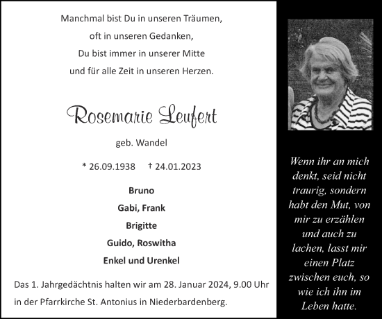 Traueranzeige von Rosemarie Leufert von Zeitung am Sonntag