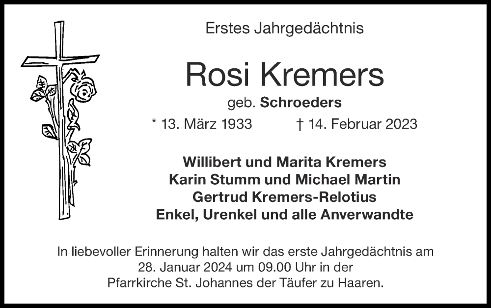  Traueranzeige für Rosi Kremers vom 21.01.2024 aus Zeitung am Sonntag