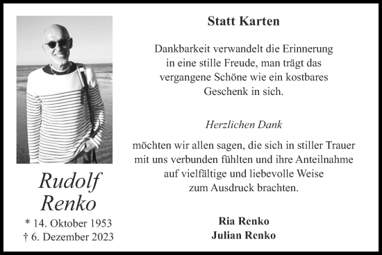 Traueranzeige von Rudolf Renko von Zeitung am Sonntag
