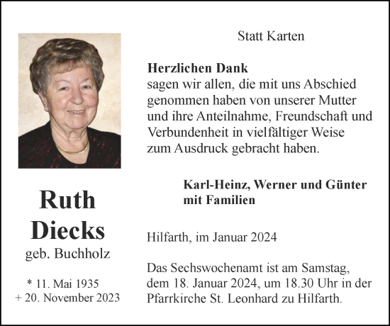 Traueranzeige von Ruth Diecks von Zeitung am Sonntag