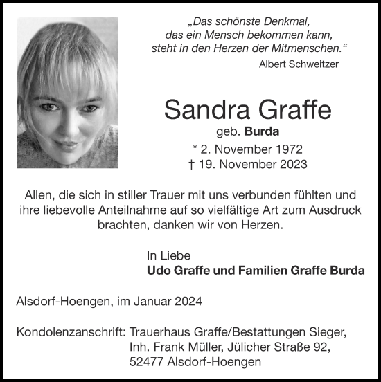 Traueranzeige von Sandra Graffe von Zeitung am Sonntag
