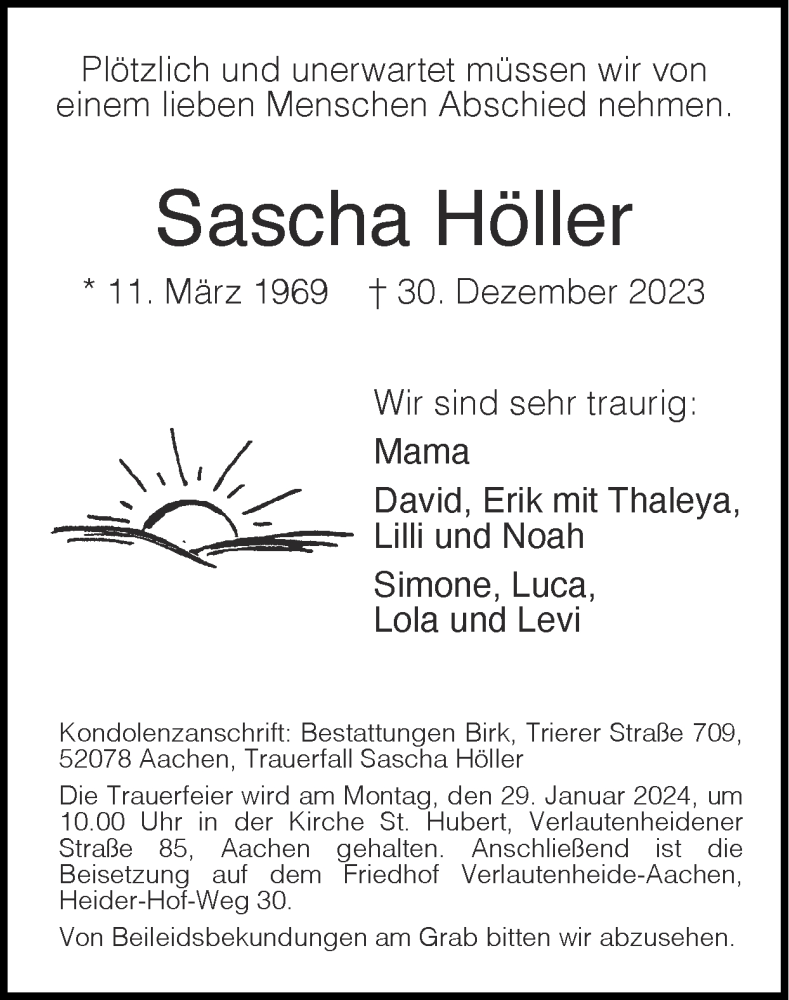  Traueranzeige für Sascha Höller vom 21.01.2024 aus Zeitung am Sonntag