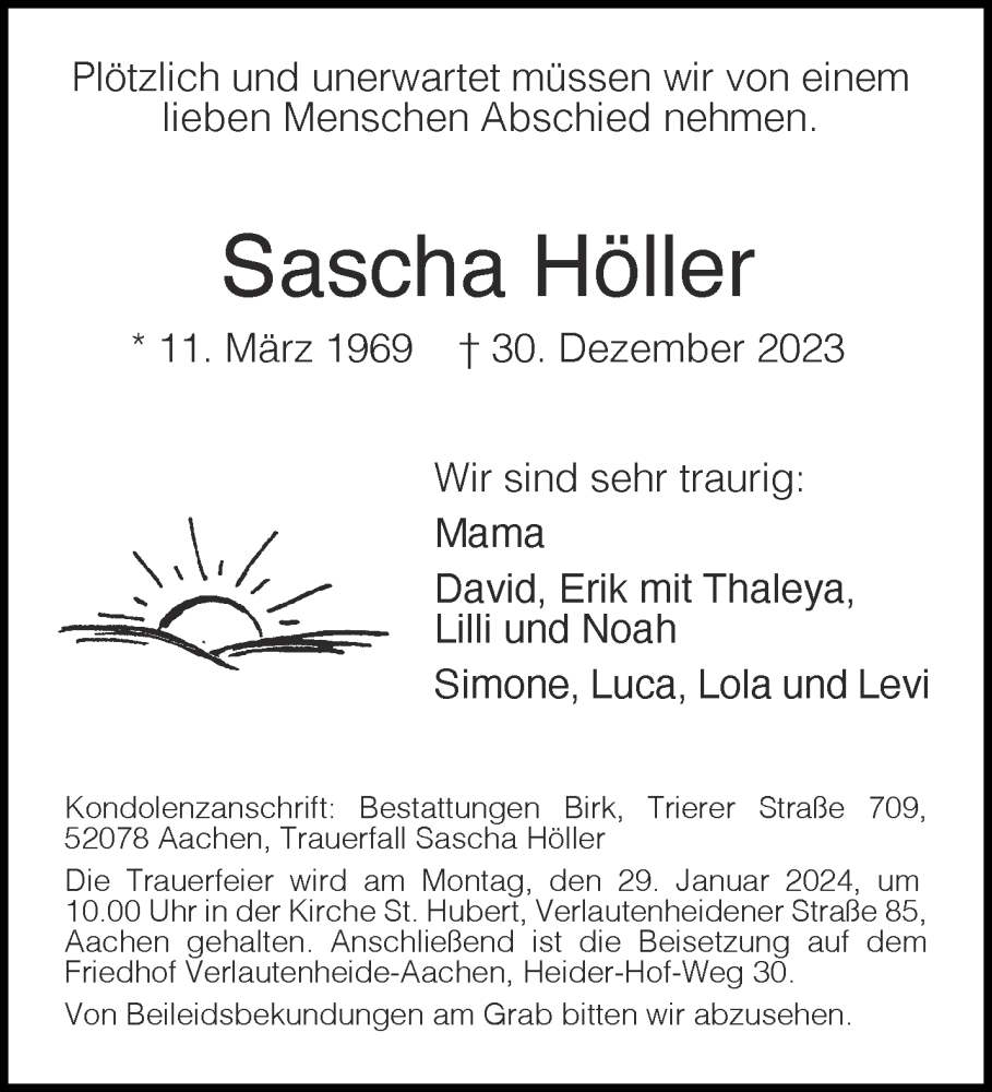  Traueranzeige für Sascha Höller vom 20.01.2024 aus Aachener Zeitung