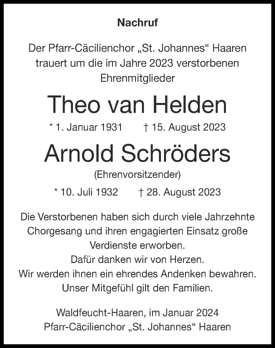 Traueranzeige von Theo van Helden von Zeitung am Sonntag