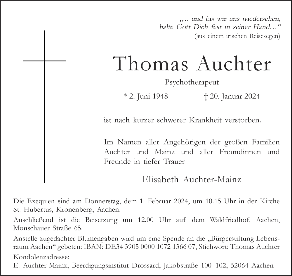  Traueranzeige für Thomas Auchter vom 27.01.2024 aus Aachener Zeitung