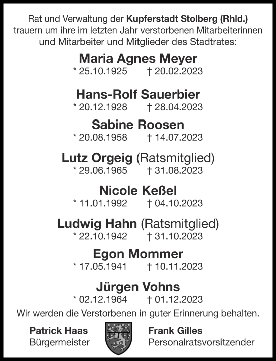 Traueranzeige von Trauertafel  Kupferstadt Stolberg von Aachener Zeitung