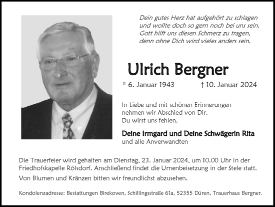 Traueranzeige von Ulrich Bergner von Zeitung am Sonntag