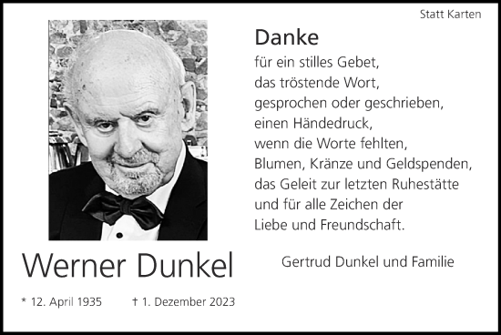 Traueranzeige von Werner Dunkel von Zeitung am Sonntag