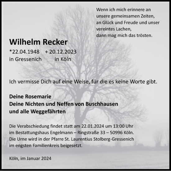 Traueranzeige von Wilhelm Recker von Zeitung am Sonntag