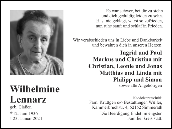 Traueranzeige von Wilhelmine Lennarz von Zeitung am Sonntag