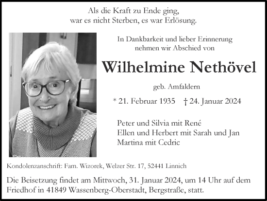Traueranzeige von Wilhelmine Nethövel von Zeitung am Sonntag