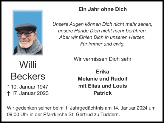 Traueranzeige von Willi Beckers von Zeitung am Sonntag