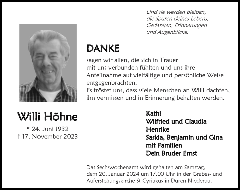  Traueranzeige für Willi Höhne vom 14.01.2024 aus Zeitung am Sonntag