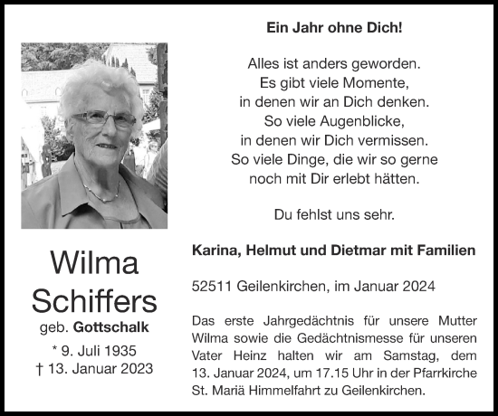 Traueranzeige von Wilma Schiffers von Zeitung am Sonntag