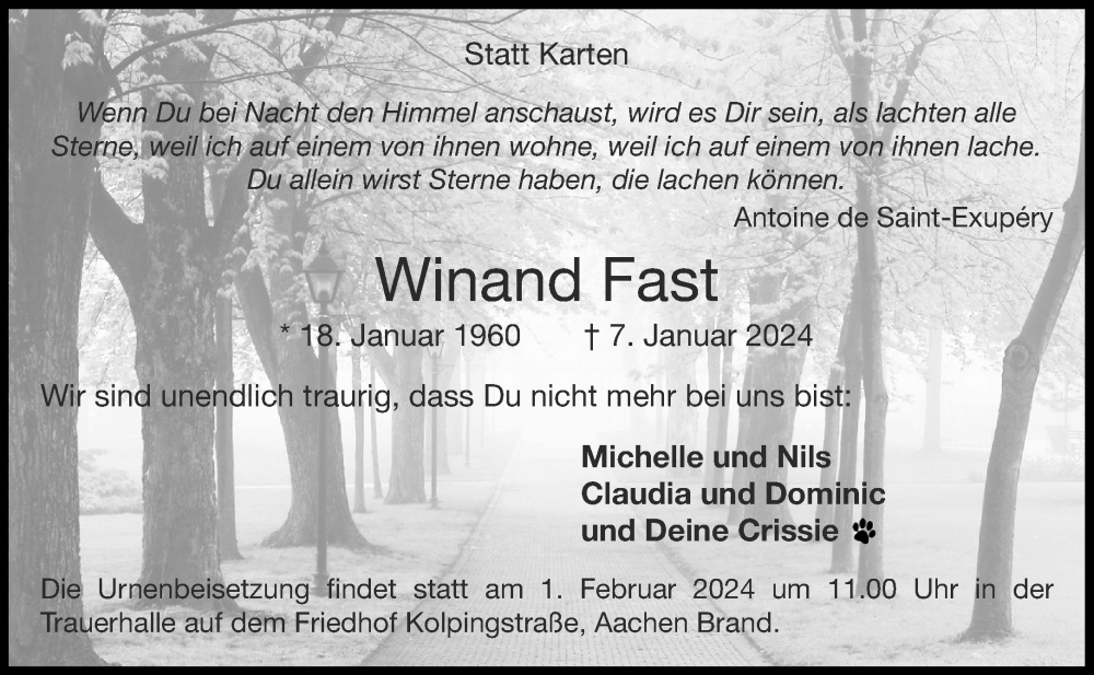  Traueranzeige für Winand Fast vom 27.01.2024 aus Aachener Zeitung