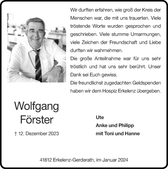 Traueranzeige von Wolfgang Förster von Zeitung am Sonntag