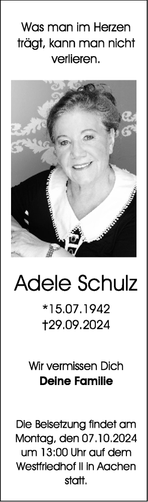 Traueranzeige von Adele Schulz von Zeitung am Sonntag