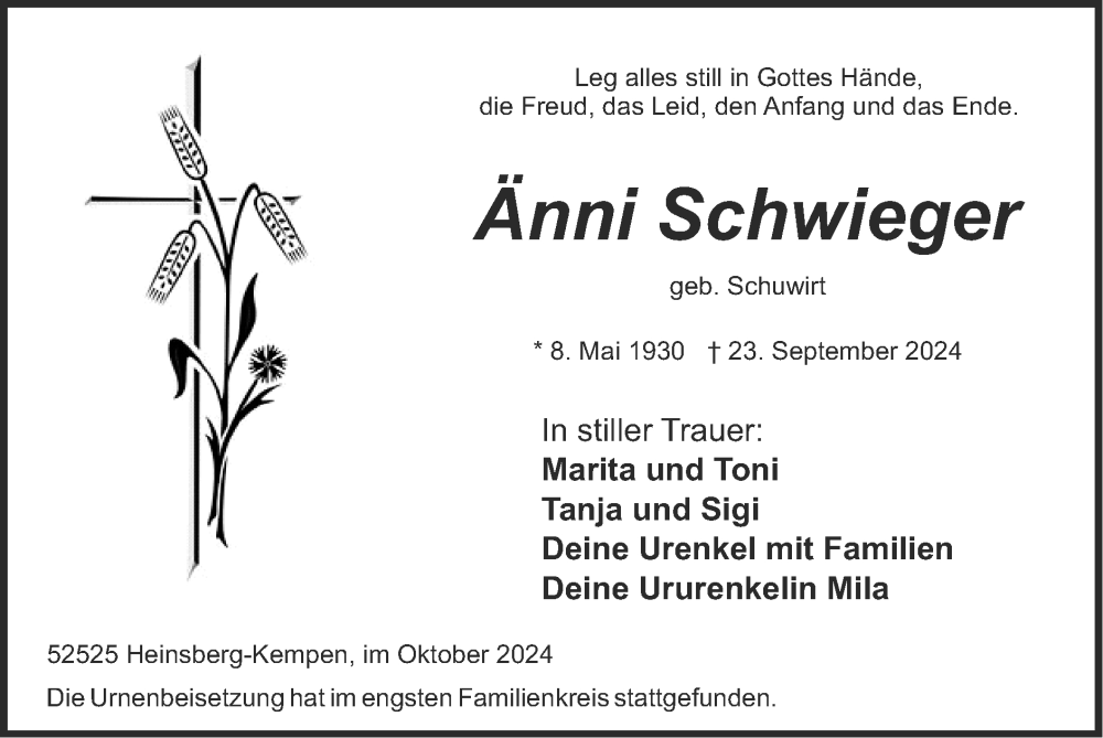  Traueranzeige für Änni Schwieger vom 06.10.2024 aus Zeitung am Sonntag