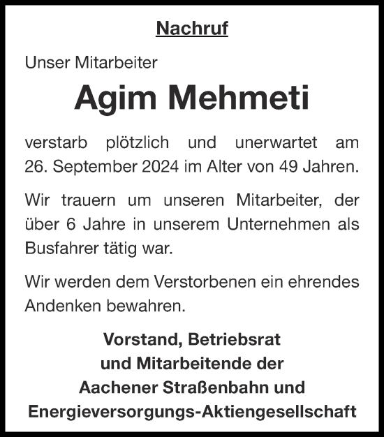 Traueranzeige von Agim Mehmeti von Zeitung am Sonntag