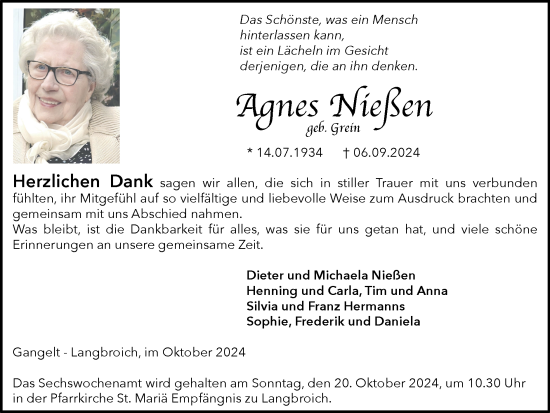 Traueranzeige von Agnes Nießen von Zeitung am Sonntag
