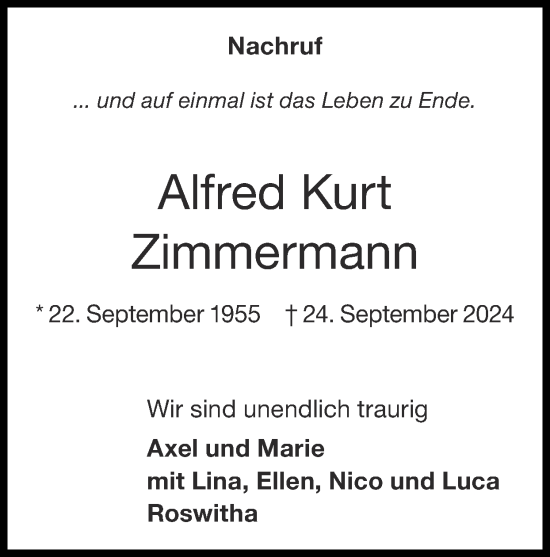 Traueranzeige von Alfred Kurt Zimmermann von Zeitung am Sonntag
