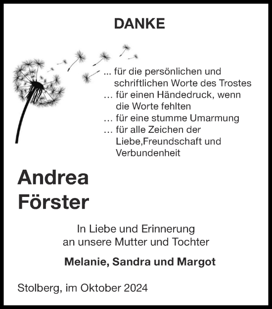 Traueranzeige von Andrea Förster von Zeitung am Sonntag
