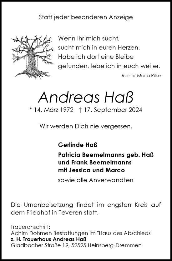 Traueranzeige von Andreas Haß von Zeitung am Sonntag