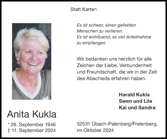 Traueranzeige von Anita Kukla von Zeitung am Sonntag