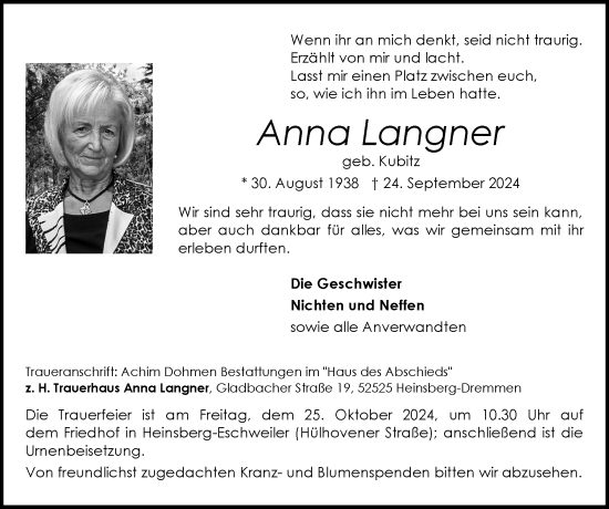 Traueranzeige von Anna Langner von Zeitung am Sonntag