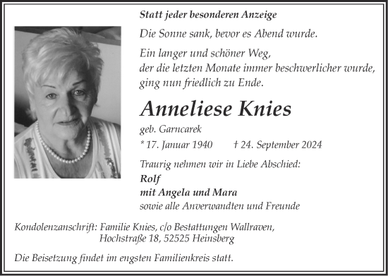 Traueranzeige von Anneliese Knies von Zeitung am Sonntag